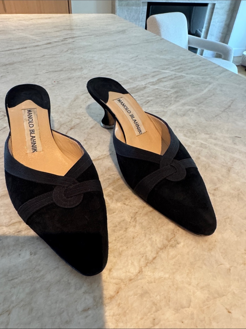Manolo Blahnik Black Suede Pointed Knot Mules